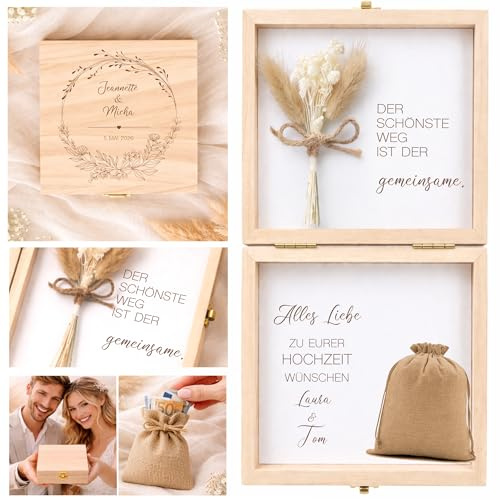Personalisierte Hochzeits-Geldgeschenkbox aus Holz 14x14 cm | Geschenk zur Hochzeit mit Namen & Datum | Geldgeschenk Verpackung Hochzeit | Holzbox mit Trockenblumen & Jutesäckchen (Hochzeit)