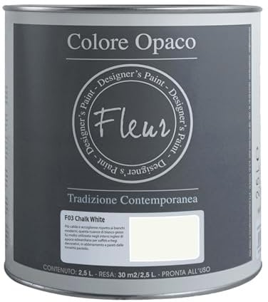 FLEUR DESIGNER'S PAINT | Pittura Chalk Paint Opaca, 2,5 L, Senza Carteggiare, Multisuperficie, Colore F03 Chalk White, Effetto Gesso, Per Pareti e Mobili, Extra Opaco, Ad Acqua, Made in Italy