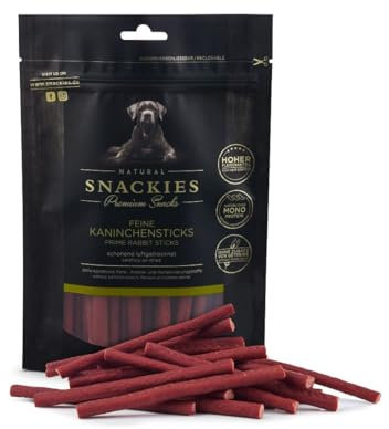 SNACKIES Premium Snacks für Hunde, ohne Zusatz von Getreide, Zucker, Farb-, Aroma- und Konservierungsstoffe, schonend luftgetrocknete Leckerli, Feine Kaninchensticks 400g
