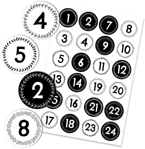 Papierdrachen 24 Adventskalender Weihnachtssticker - Schwarz-weiß Nr 41 - Aufkleber 4cm - zum Basteln und Dekorieren deines ganz persönlichen Adventskalenders