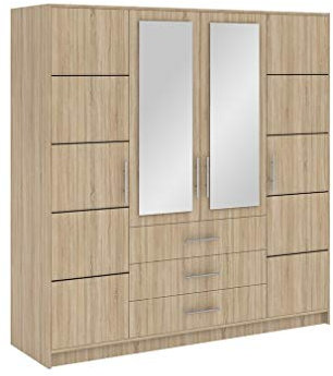 Furniture24 Kleiderschrank Bali D4 Schlafzimmer 4 Türiger Drehtürenschrank 3 Schubkästen Schrank 1 Kleiderstange 8 Einlegeboden Spiegel Sonoma Eiche
