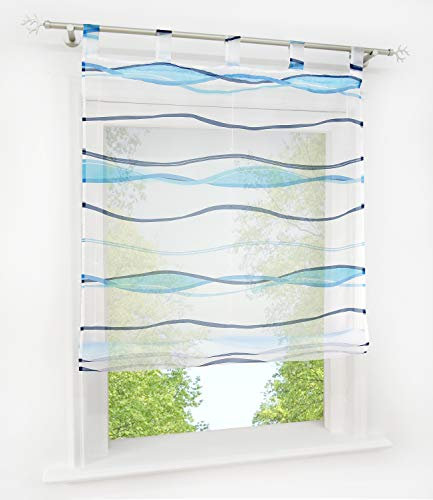 Voile Raffrollo mit Wellen Druck Design Rollos Schlaufen Transparent Vorhang (BxH 140x140cm, Bunt Blau mit Schlaufen)