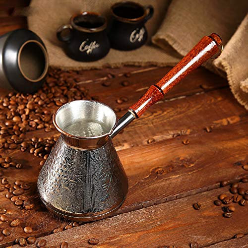 AEVVV Copper Turka Coffee Maker 20 oz - Turkish Cezve Coffee Pot Copper 600 ml - Grapes Ornament Engraved Coffee Ibrik - Mini Saucepan with Spout and Wooden Handle