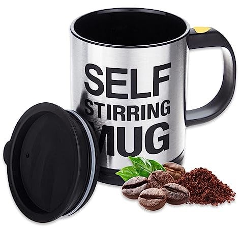 AEX Black Electric Self Stirring Mug with Lid 450ML – Battery-Powered Coffee Mug for Effortless Mixing