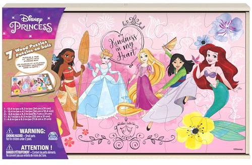 Disney Princess, 7 Wood Puzzles Jigsaw Bundle 12-Piece 16-Piece 24-Piece Ariel Tiana Rapunzel Pocahontas with Storage Tray, for Kids Ages 4 and up