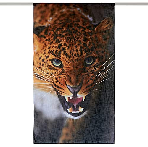 La-Melle. print your style. Lichtdurchlässige Gardine in Leinen-Optik - Motiv Leopard - B 140 cm - L 245 cm - Kräuselband - 1-teiliger Vorhang aus transparentem Stoff mit 12 Haken für Schiene