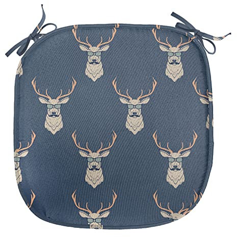 ABAKUHAUS Hirsch Polster für Esszimmerstühle, Retro Hipster Tiere, Dekoratives wasserfestes Kissen mit Riemen für Küchensitze, 40 cm x 40 cm, Schiefer-Blau Tan