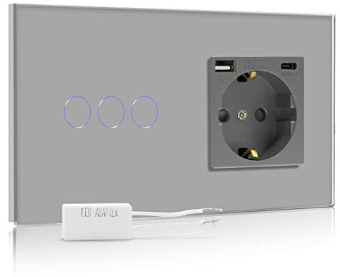 BSEED Dimmer Schalter mit USB Steckdose Anschluss (Max. 2.1A) Typ C Port 1 Fach 1 Weg Led Dimmer Schalter mit Touchscreen Wandsteckdosen mit USB Steckdose Touch Lichtschalter Grau