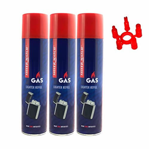 Silver Match 3 x 300 ml Feuerzeuggas Universalgas Nachfüllflasche Nachfüllgas Butangas Nachfüller für Feuerzeug Küchenbrenner und Flambierbrenner + IG Adapter