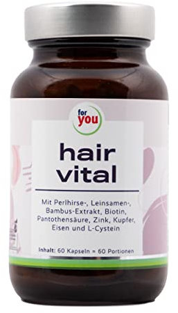 for you hair vital - 60 Kapseln Haut, Haare & Nägel Komplex zur Unterstützung fester Haut und Nägeln - mit Perlhirse- Leinsamen- Bambus-Extrakt, Biotin, Pantothensäure, Zink, Kupfer, Eisen & L-Cystein