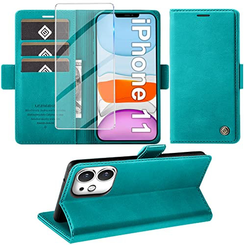 Giyer Handyhülle für iPhone 11 Hülle mit Schutzfolie, Standfunktion Kartenfach Wallet Premium Leder Schutzhülle für iPhone 11 5G 6.1 Zoll Flip Case Cover Stoßfeste Klapphülle (Cyan)