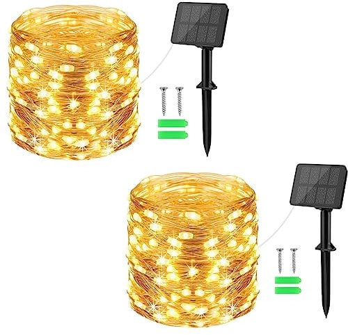 cshare Solar Lichterkette Außen, 2x10M Gesamt 200LED Lichterkette Aussen,8 Modi Kupferdraht lichterkette IP65 Wetterfest Deko für Garten,Bäume,Balkon,Terrasse,Hof,Weihnachten(Warmweiß)
