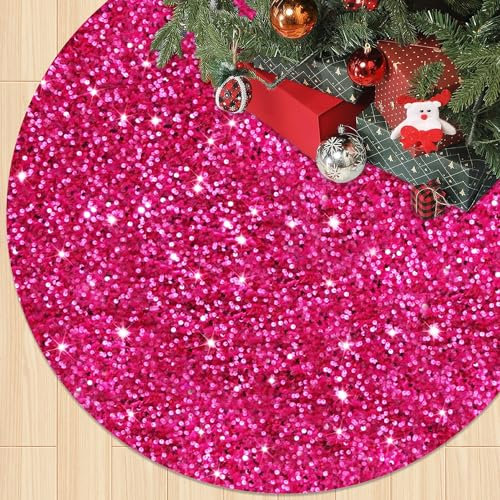 FOTSHARER Hot Pink Christmas Tree Skirt Small Velvet Tree Skirts 21 Inch Sparkle Sequin Xmas Tree Base Skirt for Home Party Fuchsia Pencil Tree Floor Mat for Christmas Holiday Tabletop Tree Decoration