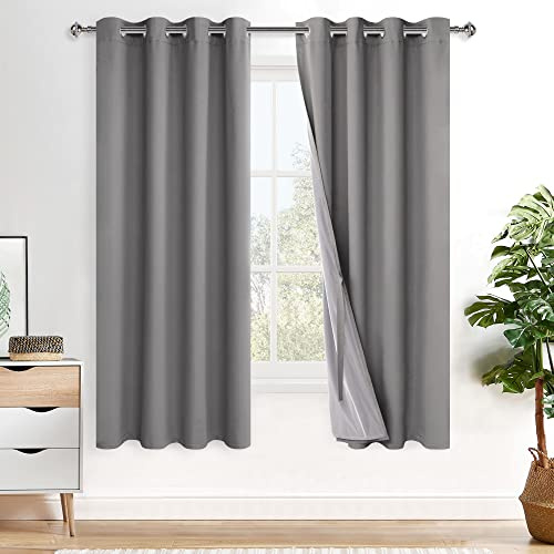 XWZO 100% Blickdicht Vorhänge, Doppellagige Dicker Verdunklungsvorhänge mit Ösen, Schallschutz Thermovorhänge 2er Set Schlafzimmer Gardinen, Blackout Curtain, 175x140 cm(HöhexBreite), Grau
