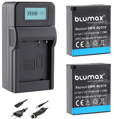 Blumax DMW BLG10e Lot de 2 batteries 1000 mAh (NTC capteur de température & boîtier V1) + chargeur turbo compatible avec Lumix DC/GX9/TZ202/TZ91/DMC TZ101/TZ81/GF6/GX7/GX80/LX100/G110