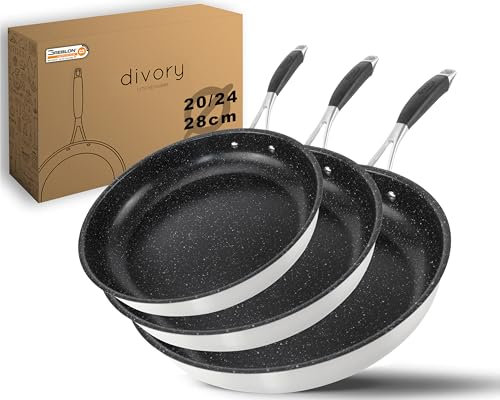 DIVORY Edelstahl Pfanne 20, 24, 28cm ULTIME Induktion I Antihaft beschichtete Bratpfannen Set für alle Herdarten I Induktionspfanne, Ergonomischer Griff, Spülmaschinen geeignet (20, 24, 28cm, Schwarz)