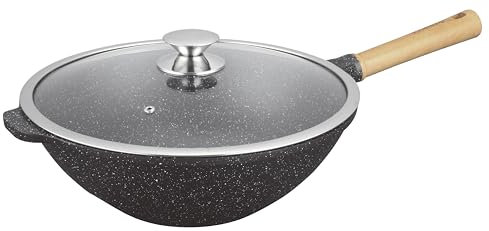 KAMBERG - Wok 32 cm - 5,0 Litres - Manche fixe en bois - Fonte d'Aluminium - Revêtement pierre - Couvercle en Verre - Tous Feux dont Induction - Sans PFOA - 0008220