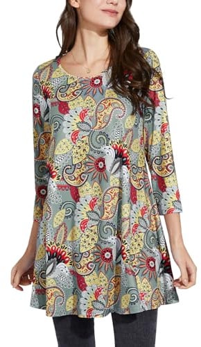 Enmain Tunique Femme Longue Grande Taille à Manches 3/4 Chic et Élégante Chemisier Haut Ample à Motifs Couleur Unie Col Rond T-Shirts Blouses