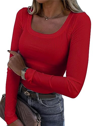 Smile Fish Womens Long Sleeve Scoop Neck Ribbed Knit Fitted Casual Tops Tee Slim Basic Shirts, Red S