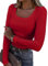 Smile Fish Womens Long Sleeve Scoop Neck Ribbed Knit Fitted Casual Tops Tee Slim Basic Shirts, Red S