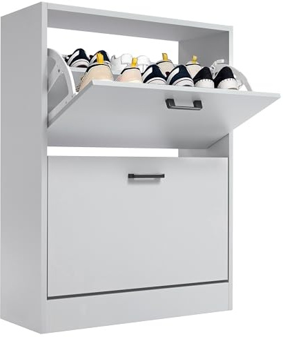 Blisswood 2 Drawer Shoe Cabinet, Wooden Shoe Storage Organiser Cupboard Unit Hallway Furniture, freestanding Entryway 2 tier Modern Shoes Rack Cabinet Footwear Stand for Shoes (Light Grey)