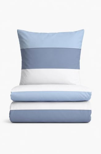 biberna Premium Satin Bettwäsche 135x200 cm blau | 2-teilig mit Kissenbezug 80x80 cm | 100% Baumwolle | seidig glatt & atmungsaktiv | Reißverschluss | Bettwäsche | Blockstreifen | Modell 0615210