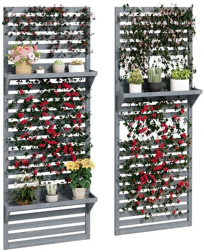 Outsunny 2 supporti per piante da esterno con ripiani pensili e graticcio a doghe, per piante rampicanti, 170 cm, montaggio a parete, in legno, per patio, balcone, veranda, grigio