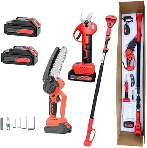 21 SHOP® Kit Set per potatura a batterie forbice cesoie con 2 batterie e motosega 6 con asta telescopica