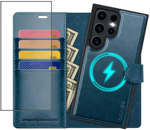 OCASE Galaxy S24 Ultra Hülle(2in1) Leder Stoßfestes Case [Abnehmbare magnetische Hülle] [Kabelloses Laden] [Kartenfach] Handyhülle RFID Schutzhülle Etui Klapphülle 6,8 Zoll Pfauenblau