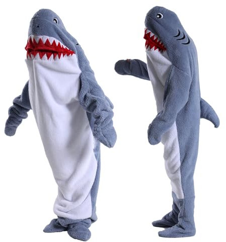 Kawoja Shark Wearable Blanket, Flannel Shark Blanket Hoodie Onesie for Adult & Kids, Animal Hooded Blanket with Sleeves, Soft Cozy Shark Cosplay Costume
