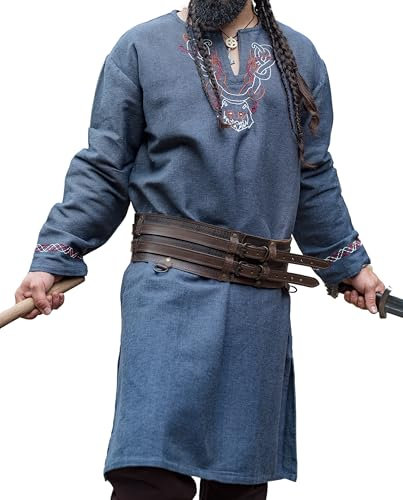Leonardo Carbone® Wikinger Tunika Freki - Mittelalter Kleidung Herren, Mittelalter Hemd, Freizeithemden Langarm, Karneval Kostüm Herren, Wikinger Tunika, LARP-Kleidung - 100% Baumwolle Blaugrau XXL