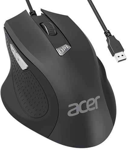 acer PC-Maus mit Kabel, 3200 DPI Einstellbar, 4 DPI-Stufen 6 Tasten, Ergonomische USB Funkmaus für Laptop, Mac und Chromebook, Plug & Play mit 1.5m Kabel