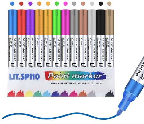 Jormftte 12 Piece Permanent Marker Set, 12 Colours Marker Pens, Paint Pen Glass Paint Pens, Colourfast Oil-Based Markers for Painting Stones, Glass, Wood, Cup, Plastic Crafts DIY
