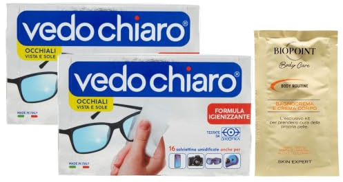 Vedo Chiaro 16 Salviettine Umidificate Monouso, Per la Pulizia delle Lenti degli Occhiali, da Vista e da Sole, degli Smartphone, dei Tablet e PC Portatili (2 CF da 16) + OMAGGIO Bustina BagnoCrema
