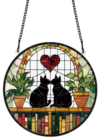 PLIGREAT Cute Cat Stained Suncatchers Black Cat Couple Acrylic Glass Sun Catchers Colorful Patio Garden Hanging Tree Ornaments for Living Room Bedroom Window Decoration Wall Art Decor Memorial Gifts
