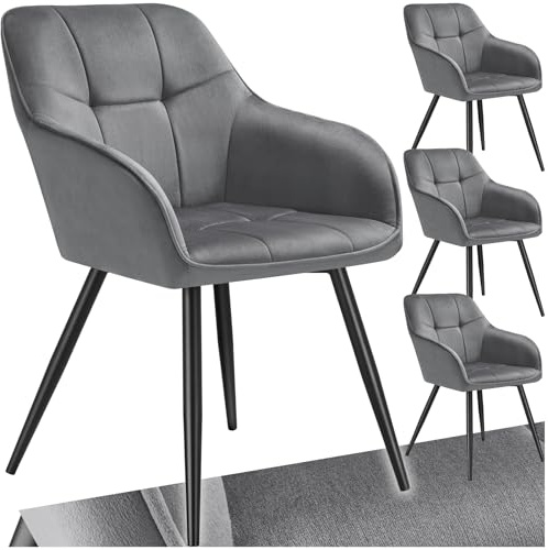 tectake® Samt Stuhl, Esszimmerstuhl mit Stepp Samtstoff, Küchenstühle modern, gemütlicher Sessel Wohnzimmer, Armlehnstuhl Esszimmer, Dining Lounge, Schminktisch Stuhl - grau/schwarz, 4er Set