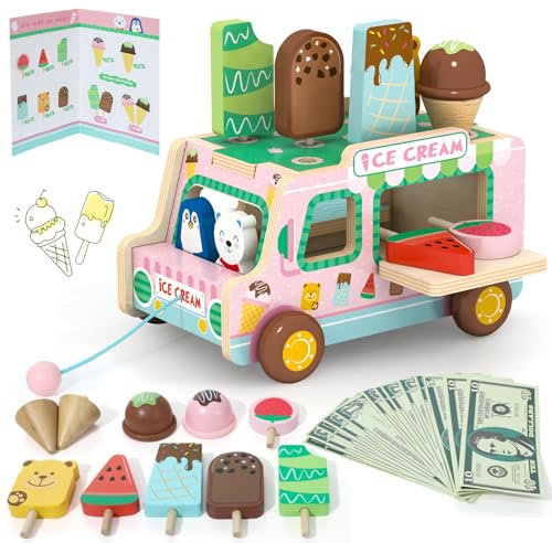Carrito Helados para Niños Juguetes Montessori de Madera para Niños 3 4 5 Años, Juego rol para Niños, Juguetes Accesorios de Cocina Tienda de Hielo