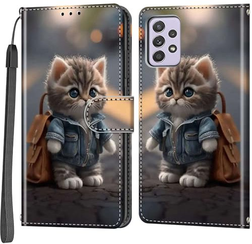 Handyhülle für Samsung Galaxy A33 5G Hülle, Magnetische Flip Stoßfeste Schutzhülle mit Standfunktion Kartenfächern Klapphülle Handytasche Katze