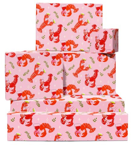 Rotes und rosa Geschenkpapier – Hummergetränke – 6 lustige Bögen für Geburtstag, Weihnachten, Jahrestag – Für Männer, Frauen, Freunde – Mit Etiketten – Recycelbar