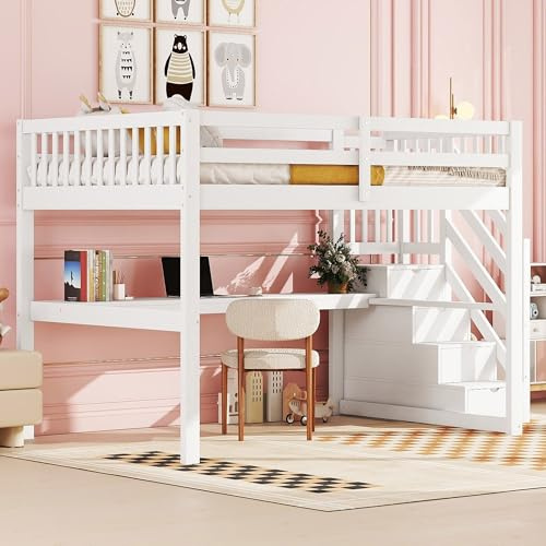 Rvjiahe Hochbett für Kinder, Hochbett mit Schubladen und Schreibtisch unter dem Bett (140 x 200 cm)