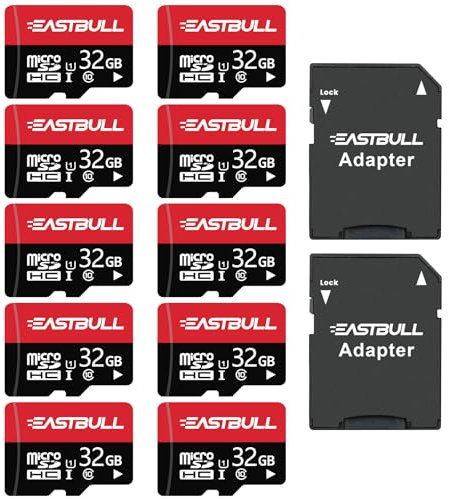 Pack de 10 tarjetas Micro SD de 32 GB, tarjetas de memoria SD EASTBULL de 32 GB, vídeo Full HD 90 MB/s UHS-I U1 Micro SDHC Clase 10 para cámaras de vigilancia (10 unidades y 2 adaptadores)