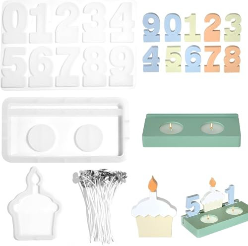 Silikonform Geburtstagskuchen Kerzenhalter Set, 1-9 Silikonform Zahlen& Geburtstagskuchen Kerzenhalter Silikonforms& 50 Stück Kerzendocht, Kerzenständer Form, für Geburtstagsfeiern, Teelichter