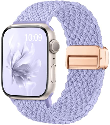 Easuny Trenzada Band Compatible con Correa Apple Watch 49mm 45mm 46mm 42mm 44mm - Magnética Elástica Nylon Band para iWatch Correa Series 10 SE 9 8 7 6 5 4 3 2 1 Ultra Mujeres Hombres - Lavanda