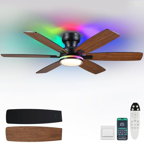 Kviflon 52 Rustic Ceiling Fans with RGB Lights, Low Profile Ceiling Fan with Remote/APP Control, Flush Mount, Reversible, 6 Wood Double Sided Blades, Ring RGB Dimmable Lights for Kidsroom, Brown