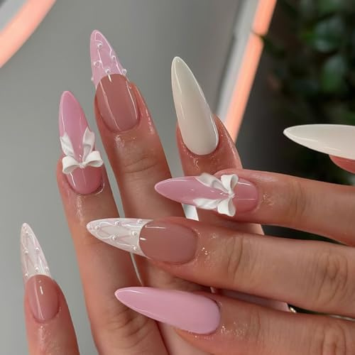 24pcs Long Almond False Nails French Tip Press on Nails Pink White Stick on Nail with 3D Bow Pearl Design Removable Glue on Acrylic Fake Nail Tips Accessories for Women