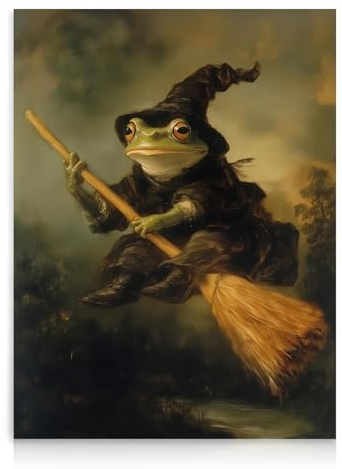 Dazzlewall Lustiger Frosch Wand Kunstdruck, Schrullige Hexe Frosch Reitet Einen Besen Wanddekoration, Humorvolle Halloween Tier Poster, 12x16 zoll Ungerahmt