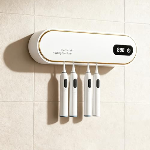 UV Sanitizer Zahnbürstenhalter Wand mit Trocknungs & Timerfunktion(19,8×8,3×4,8cm), 4 Slots Tiefen-Desinfektion, 1800mAh Zahnbürste Sterilisator, UV-Zahnbürste Sanitizer für Badezimmer(Weiß)
