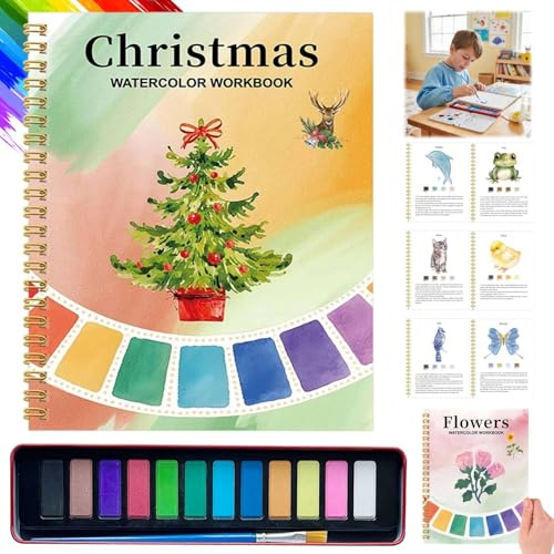 Aquarell-Arbeitsbuch für Erwachsene, Aquarellfarben-Sets, Aquarellbuch für Anfänger, 12 Farben, Aquarellfarben-Set mit Pinsel, Kunst-Bastelset, Geschenk für Kinder, Erwachsene, Anfänger (D mit