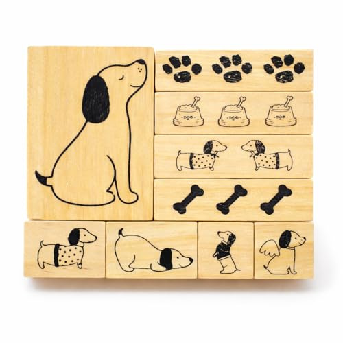 Holzstempel Set Hunde & Dackel (9-teilig) – Motivstempel aus Holz & Gummi für Scrapbooking, Kartenbasteln, Bullet Journal, Geschenkverpackung, DIY Bastelset – Tierstempel Hund