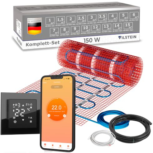 VILSTEIN® Elektrische Fußbodenheizung 150W/m² Set – Komplettset mit WiFi | Touchscreen-Thermostat & App-Steuerung – Heizmatte Twin-Technologie geeignet für Laminat, Fliesen & mehr – 5m²